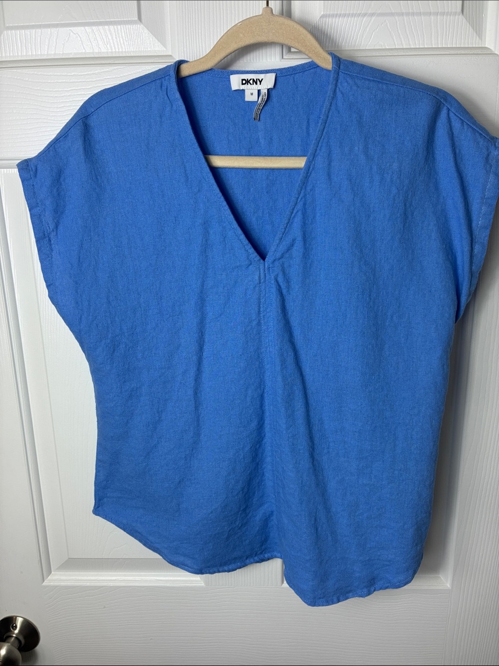 DKNY Linen Blend V-Neck Tunic Top Blue
